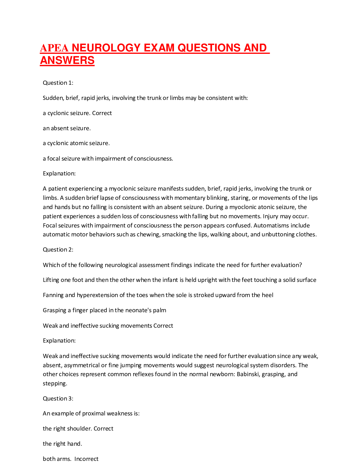 Preview image for APEA NEUROLOGY COMPLETE SET OF EXAM QUESTIONS AND ANSWERS ALL WITH EXPLANATIONS.